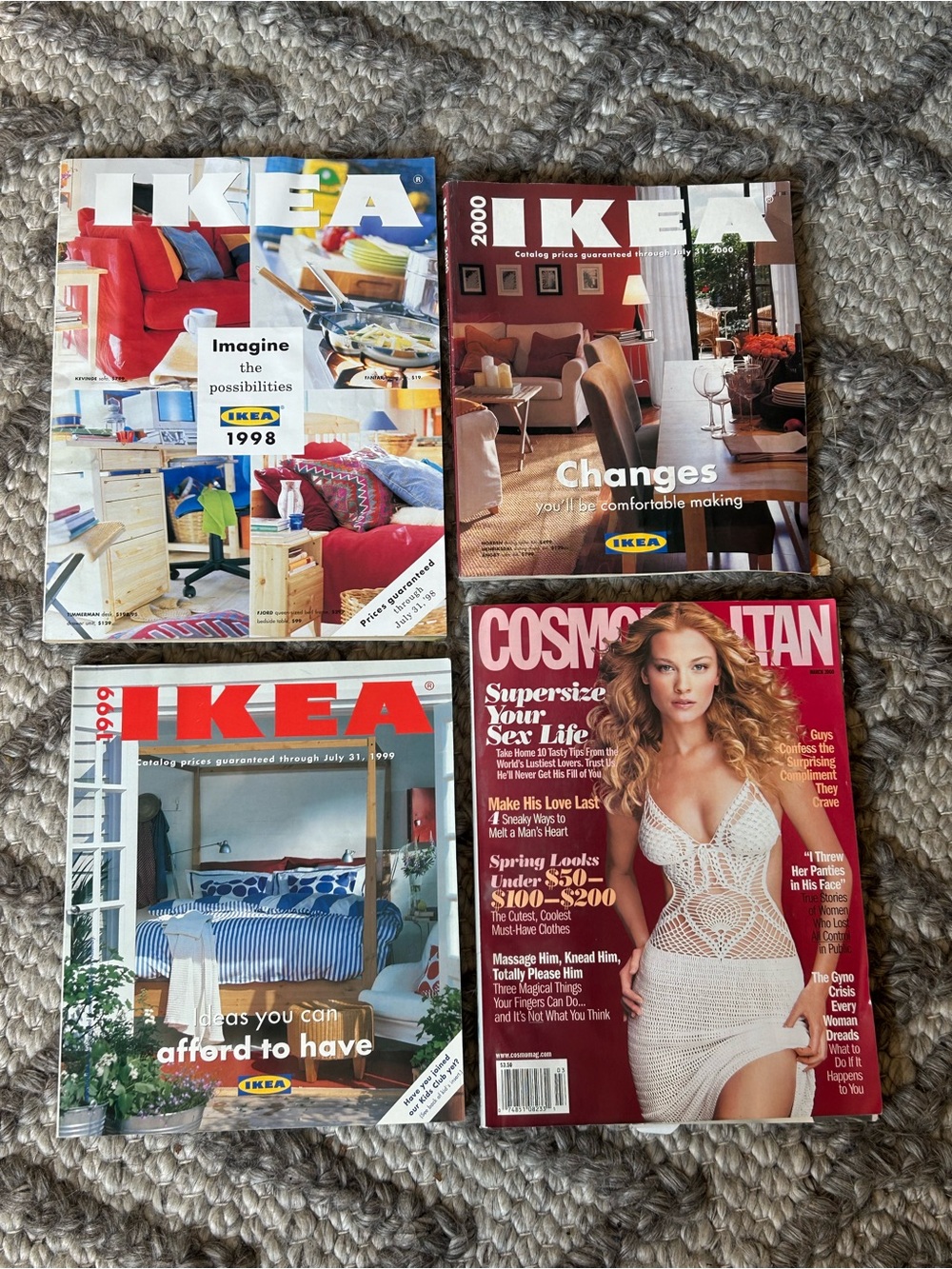 IKEA Catalogs and Magazine Pages with Red, Blue, Green, Cream
